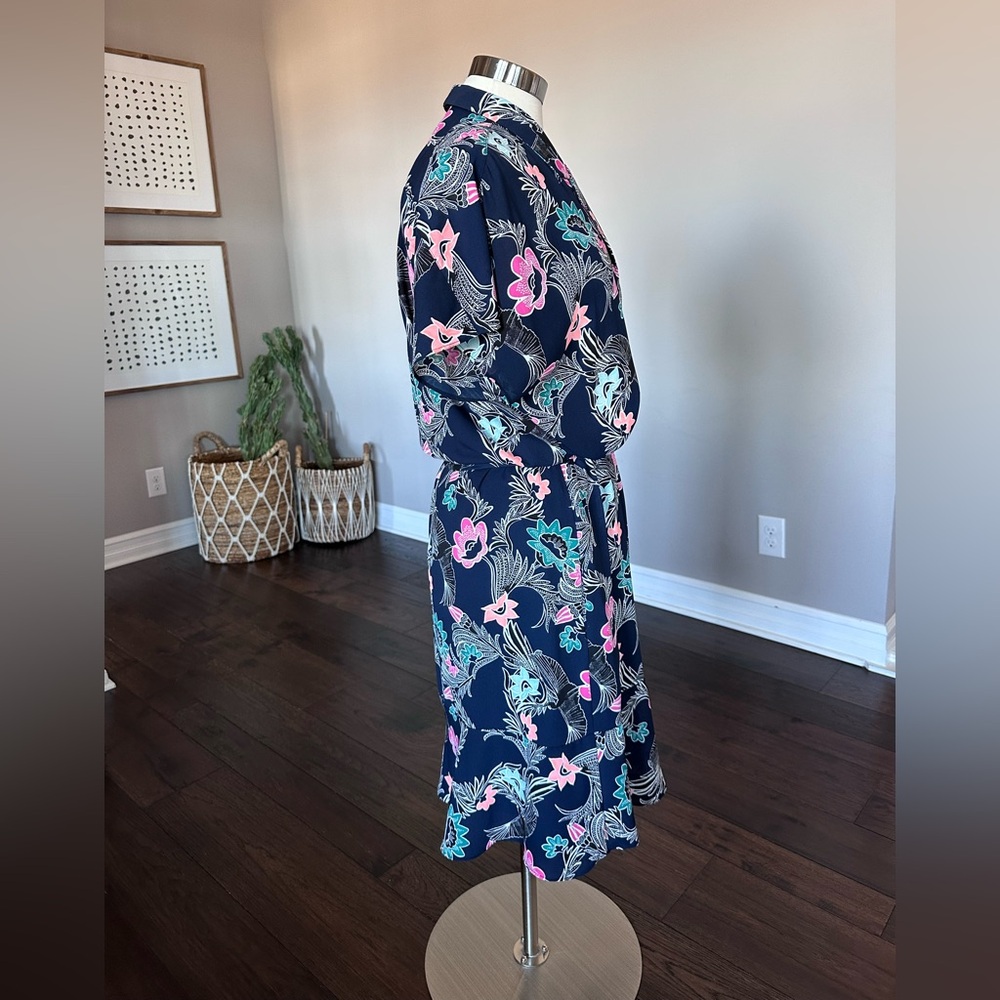Banana Republic Short Sleeve Shirt Dress Tropical Floral Bird Print Navy 12 EUC - Picture 9 of 16